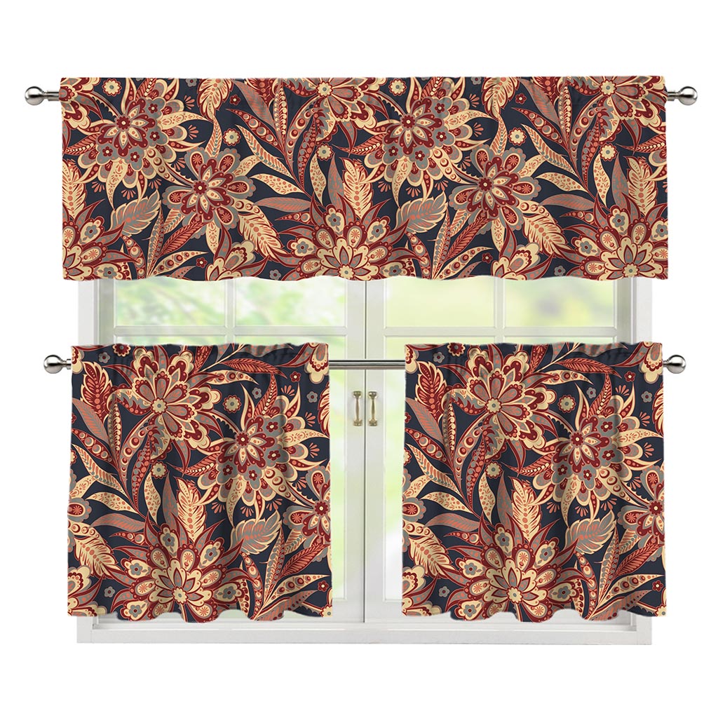Brown Floral Bohemian Pattern Print 3 Piece Kitchen Curtains