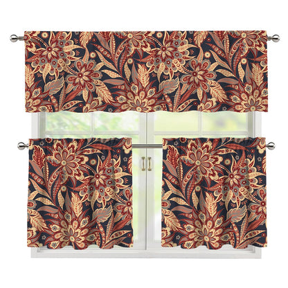 Brown Floral Bohemian Pattern Print 3 Piece Kitchen Curtains