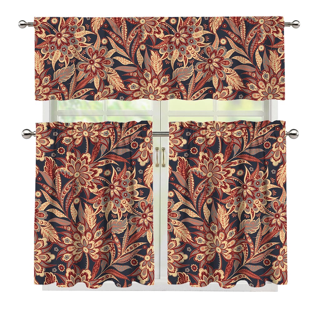 Brown Floral Bohemian Pattern Print 3 Piece Kitchen Curtains
