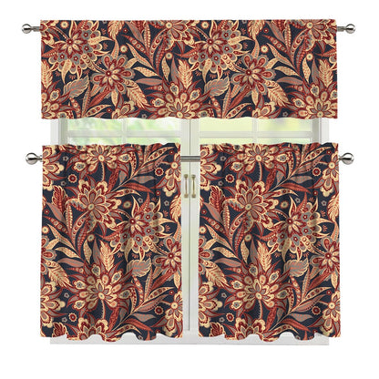 Brown Floral Bohemian Pattern Print 3 Piece Kitchen Curtains