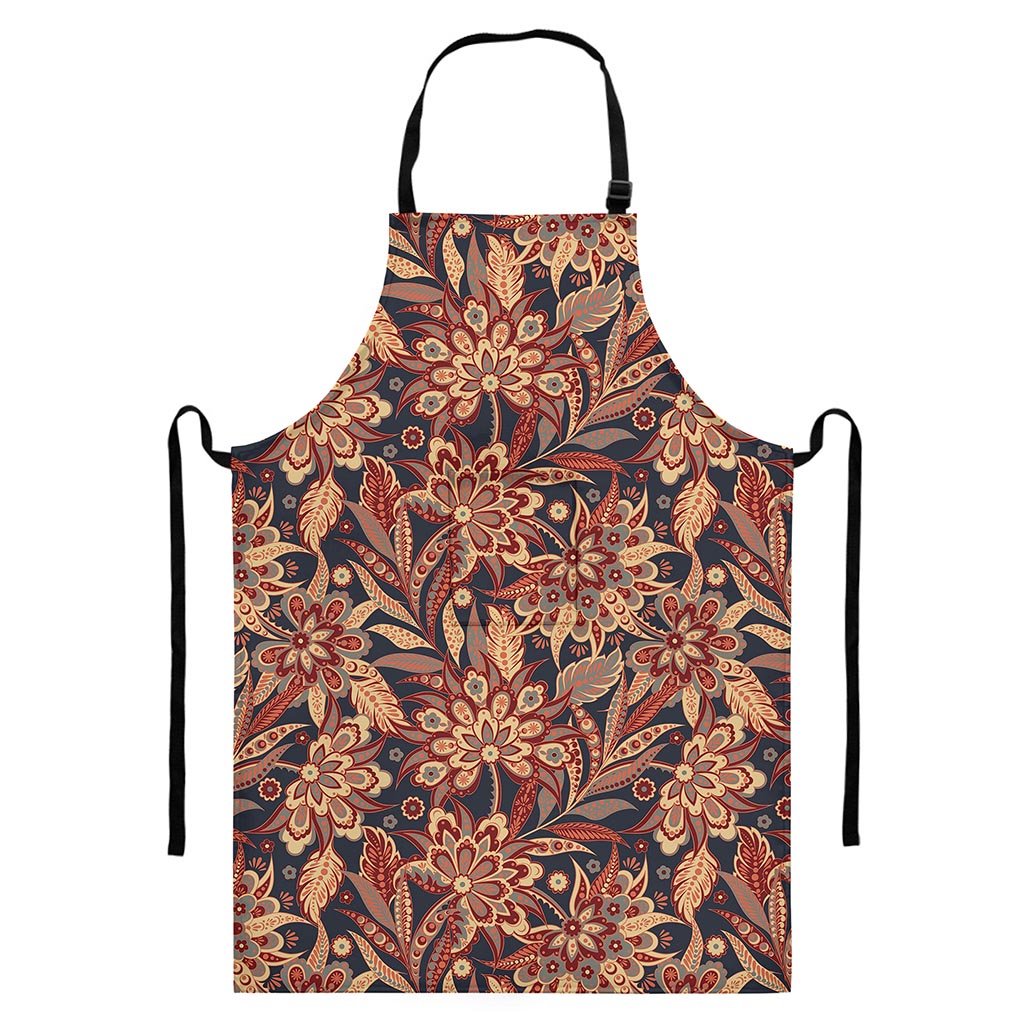 Brown Floral Bohemian Pattern Print Bib Apron With Pocket
