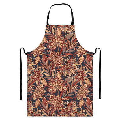 Brown Floral Bohemian Pattern Print Bib Apron With Pocket