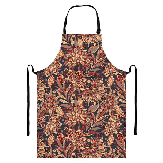 Brown Floral Bohemian Pattern Print Bib Apron With Pocket
