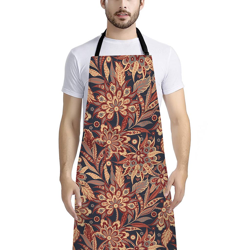Brown Floral Bohemian Pattern Print Bib Apron With Pocket