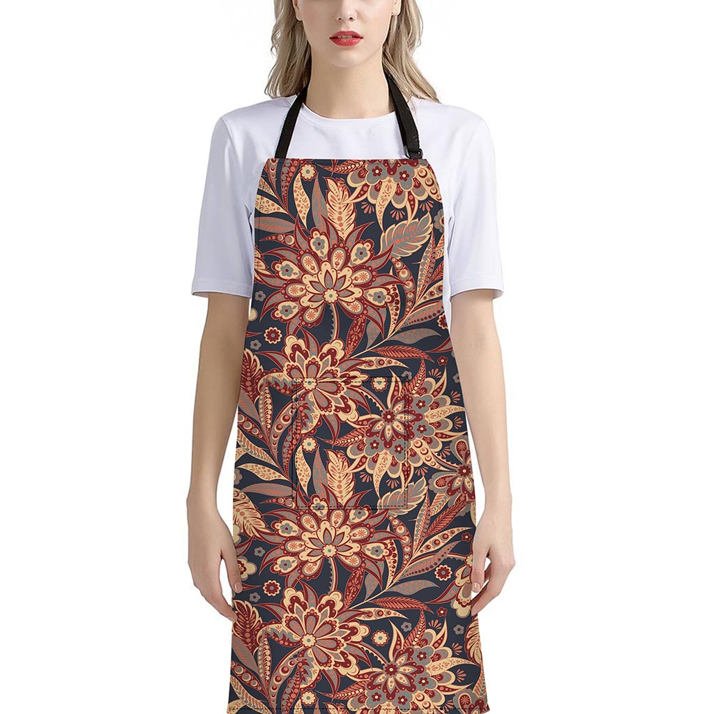 Brown Floral Bohemian Pattern Print Bib Apron With Pocket