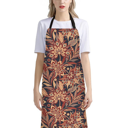 Brown Floral Bohemian Pattern Print Bib Apron With Pocket
