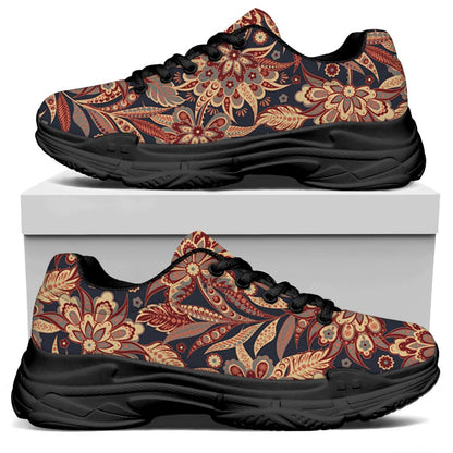 Brown Floral Bohemian Pattern Print Black Chunky Shoes