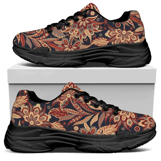 Brown Floral Bohemian Pattern Print Black Chunky Shoes
