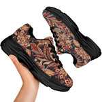 Brown Floral Bohemian Pattern Print Black Chunky Shoes