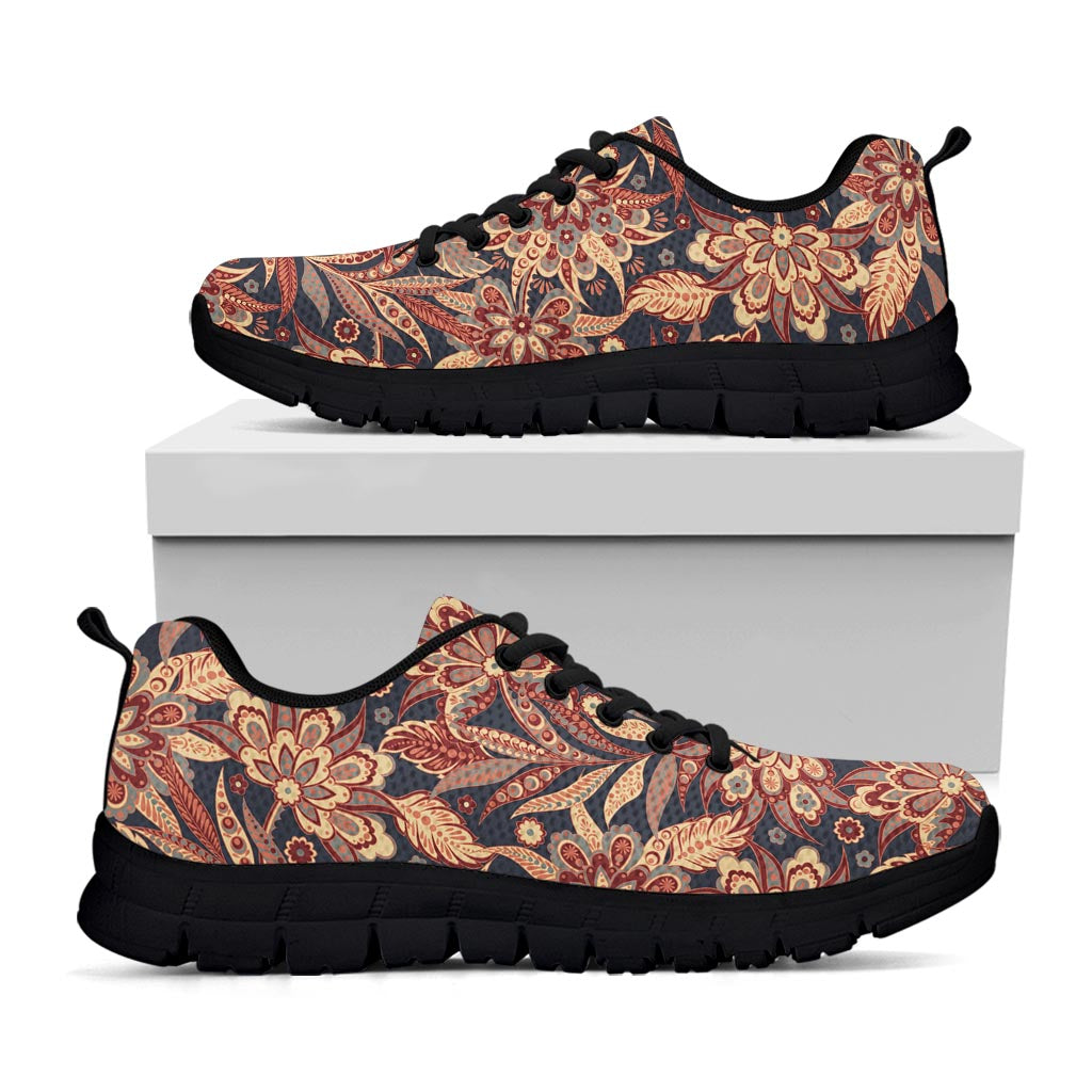 Brown Floral Bohemian Pattern Print Black Running Shoes