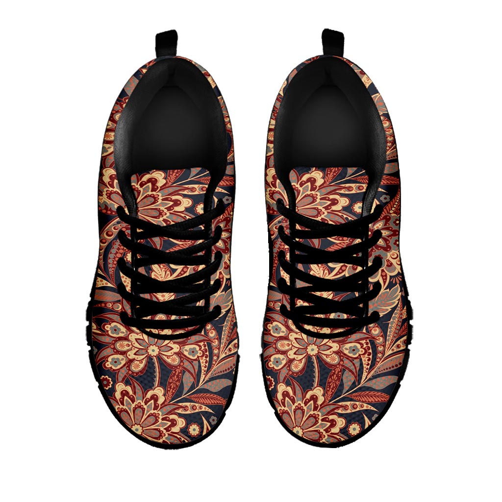 Brown Floral Bohemian Pattern Print Black Running Shoes