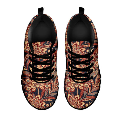 Brown Floral Bohemian Pattern Print Black Running Shoes