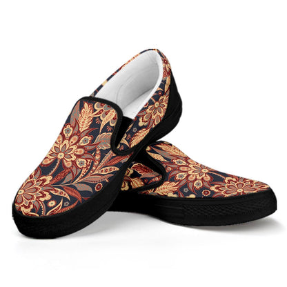 Brown Floral Bohemian Pattern Print Black Slip On Sneakers