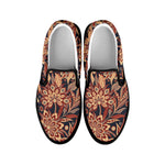 Brown Floral Bohemian Pattern Print Black Slip On Sneakers