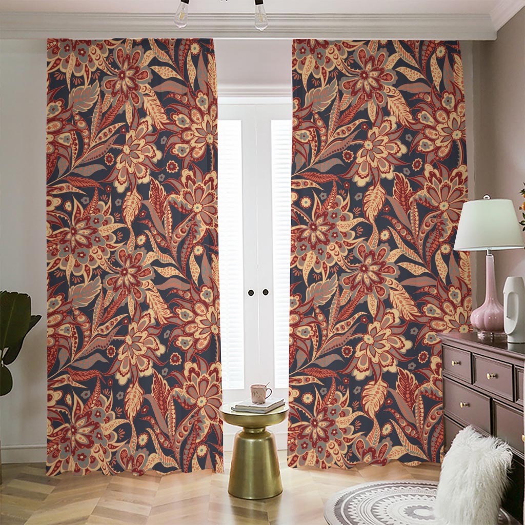 Brown Floral Bohemian Pattern Print Blackout Pencil Pleat Curtains