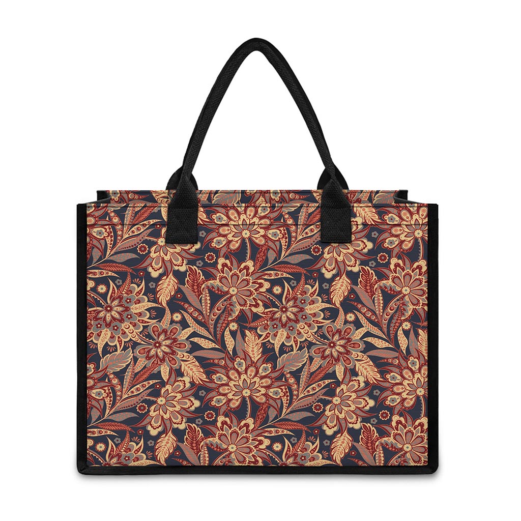 Brown Floral Bohemian Pattern Print Canvas Tote Bag