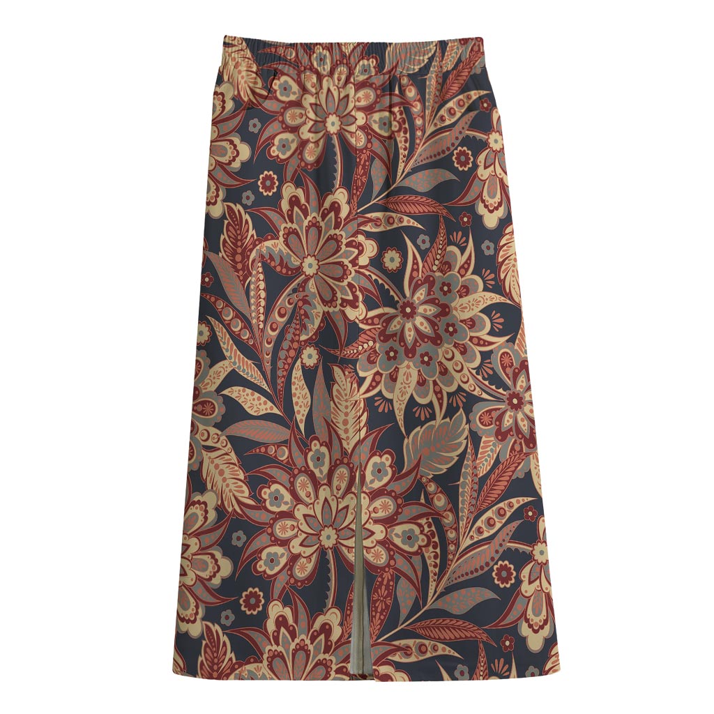 Brown Floral Bohemian Pattern Print Cotton Front Slit Maxi Skirt