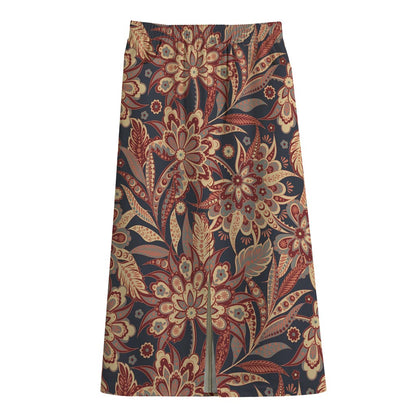 Brown Floral Bohemian Pattern Print Cotton Front Slit Maxi Skirt