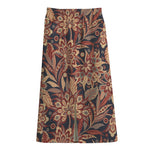 Brown Floral Bohemian Pattern Print Cotton Front Slit Maxi Skirt