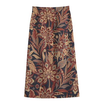 Brown Floral Bohemian Pattern Print Cotton Front Slit Maxi Skirt