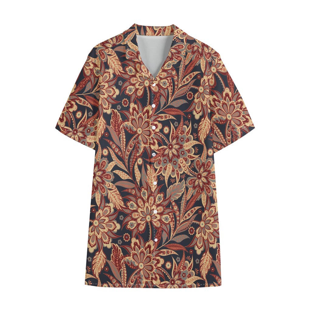 Brown Floral Bohemian Pattern Print Cotton Hawaiian Shirt