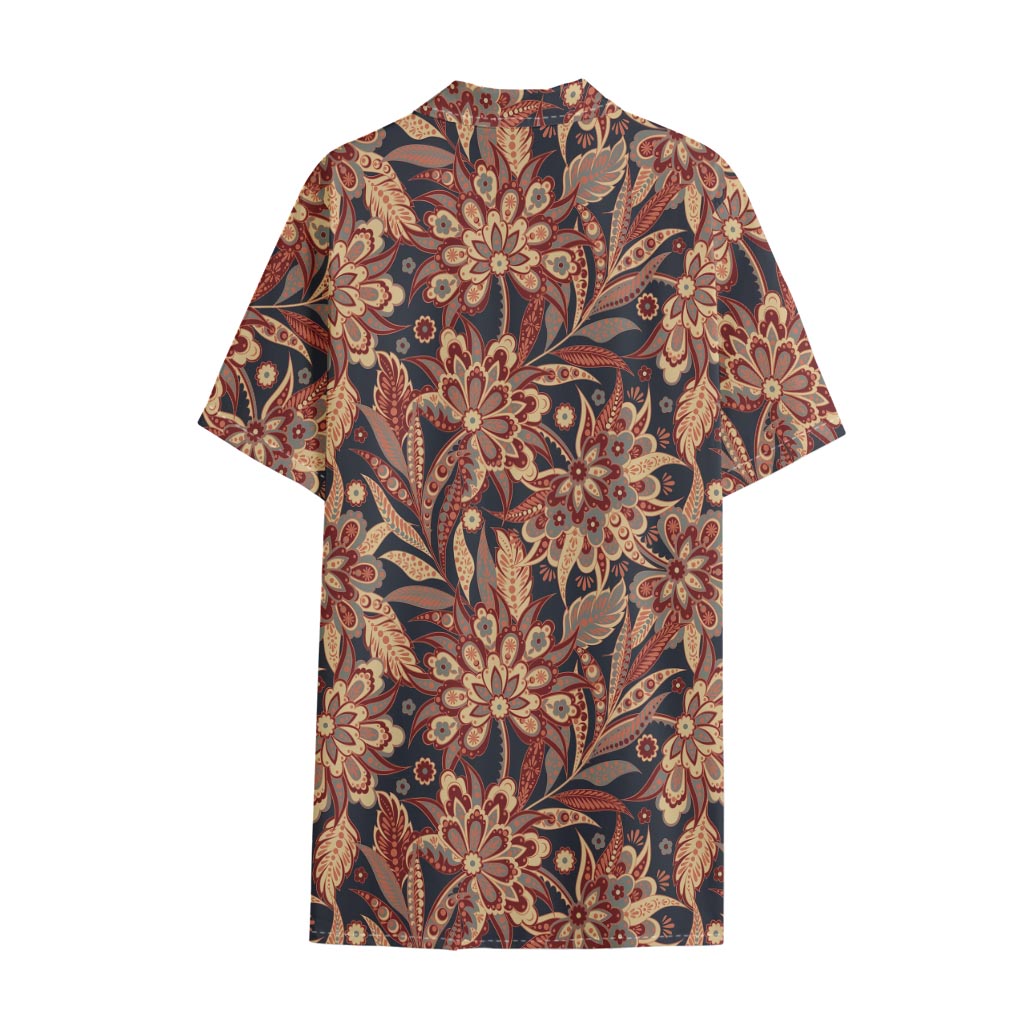 Brown Floral Bohemian Pattern Print Cotton Hawaiian Shirt