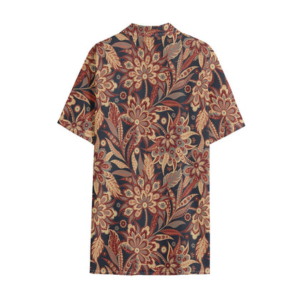 Brown Floral Bohemian Pattern Print Cotton Hawaiian Shirt