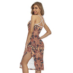 Brown Floral Bohemian Pattern Print Cross Back Cami Dress