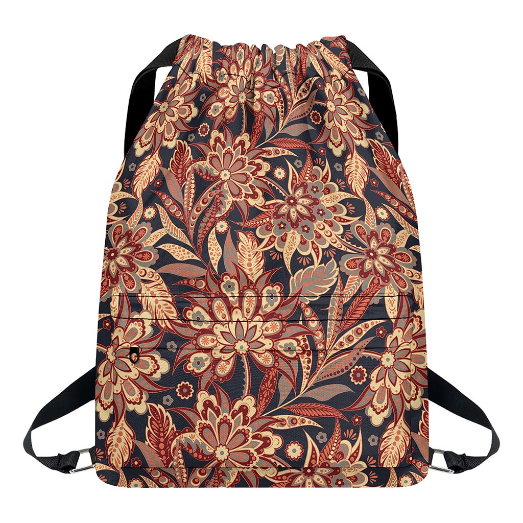 Brown Floral Bohemian Pattern Print Drawstring Backpack