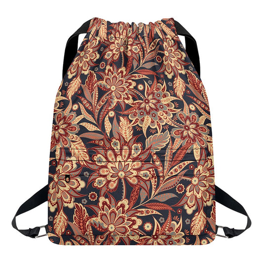 Brown Floral Bohemian Pattern Print Drawstring Backpack