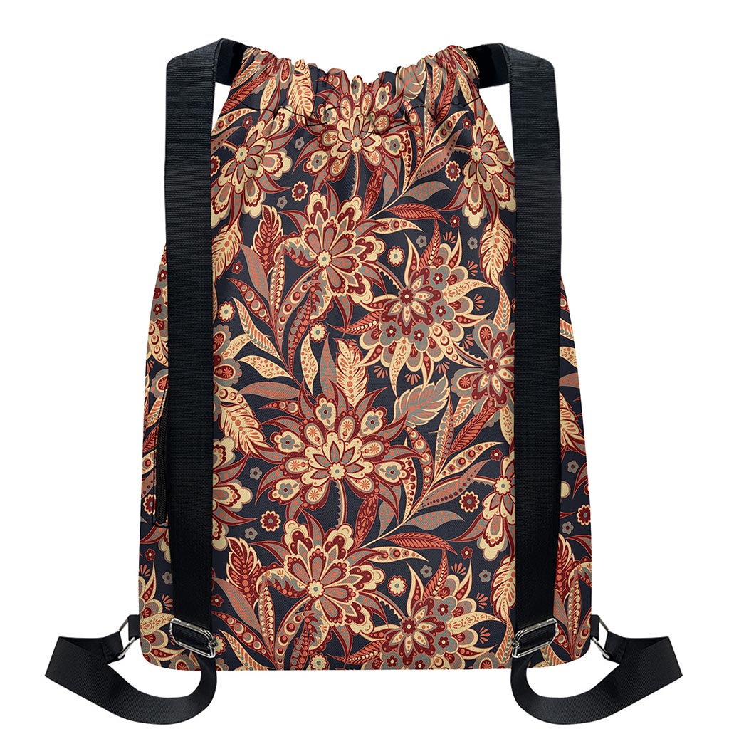 Brown Floral Bohemian Pattern Print Drawstring Backpack