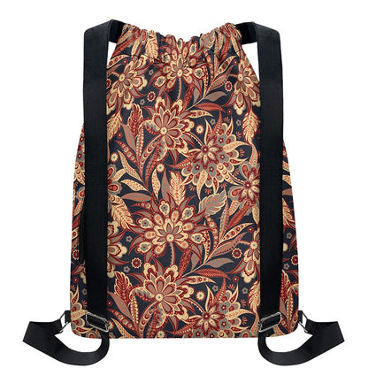 Brown Floral Bohemian Pattern Print Drawstring Backpack