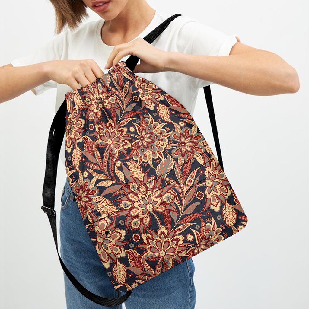 Brown Floral Bohemian Pattern Print Drawstring Backpack