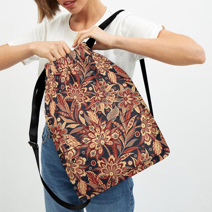 Brown Floral Bohemian Pattern Print Drawstring Backpack