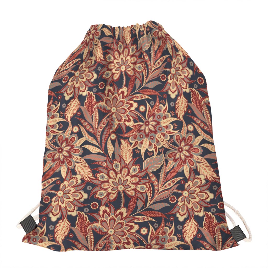 Brown Floral Bohemian Pattern Print Drawstring Bag