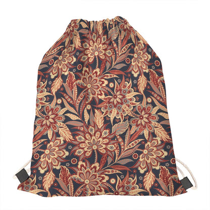 Brown Floral Bohemian Pattern Print Drawstring Bag