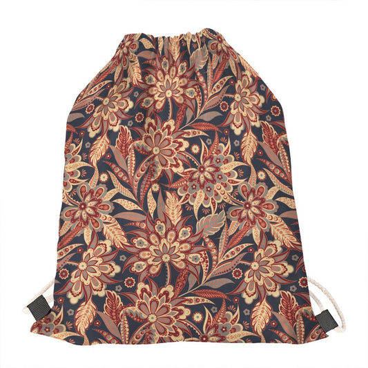 Brown Floral Bohemian Pattern Print Drawstring Bag