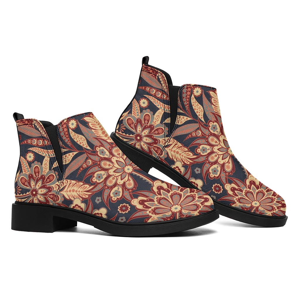 Brown Floral Bohemian Pattern Print Flat Ankle Boots