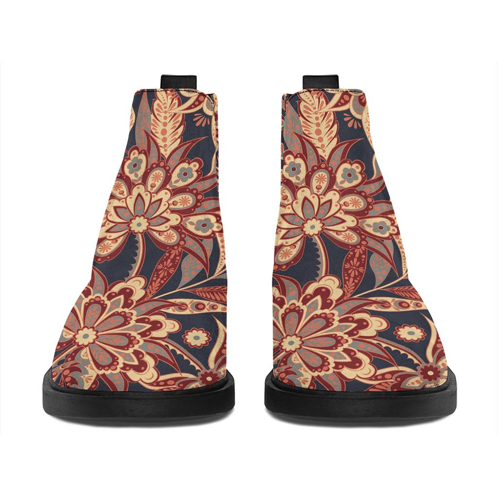 Brown Floral Bohemian Pattern Print Flat Ankle Boots