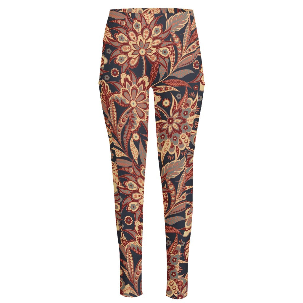 Brown Floral Bohemian Pattern Print High-Waisted Pocket Leggings