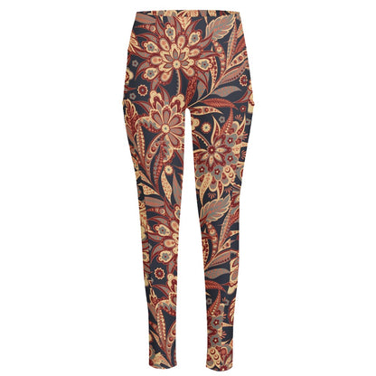 Brown Floral Bohemian Pattern Print High-Waisted Pocket Leggings