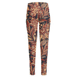 Brown Floral Bohemian Pattern Print High-Waisted Pocket Leggings