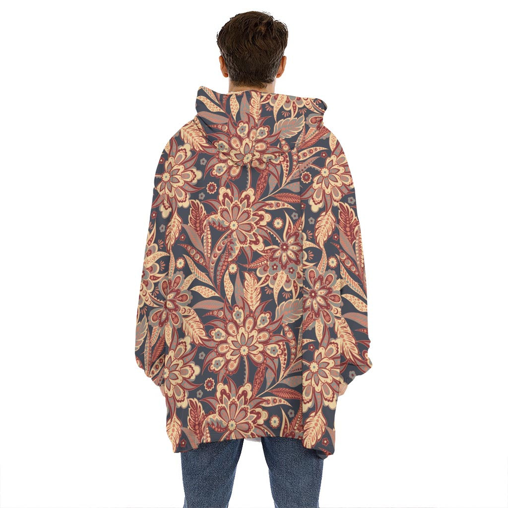 Brown Floral Bohemian Pattern Print Hoodie Blanket