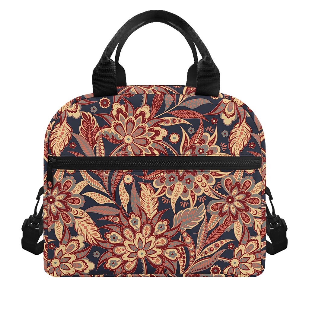 Brown Floral Bohemian Pattern Print Insulated Lunch Bag