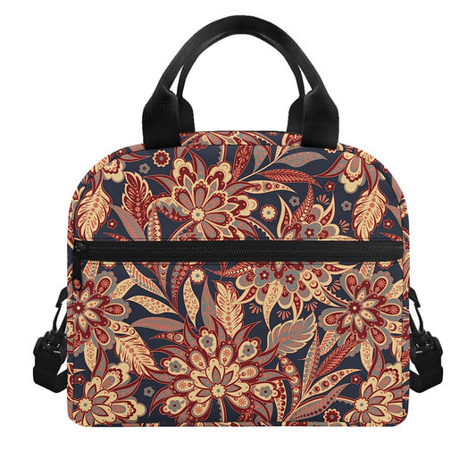 Brown Floral Bohemian Pattern Print Insulated Lunch Bag