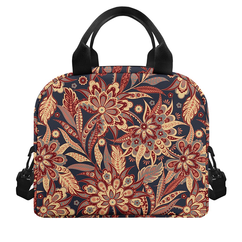 Brown Floral Bohemian Pattern Print Insulated Lunch Bag