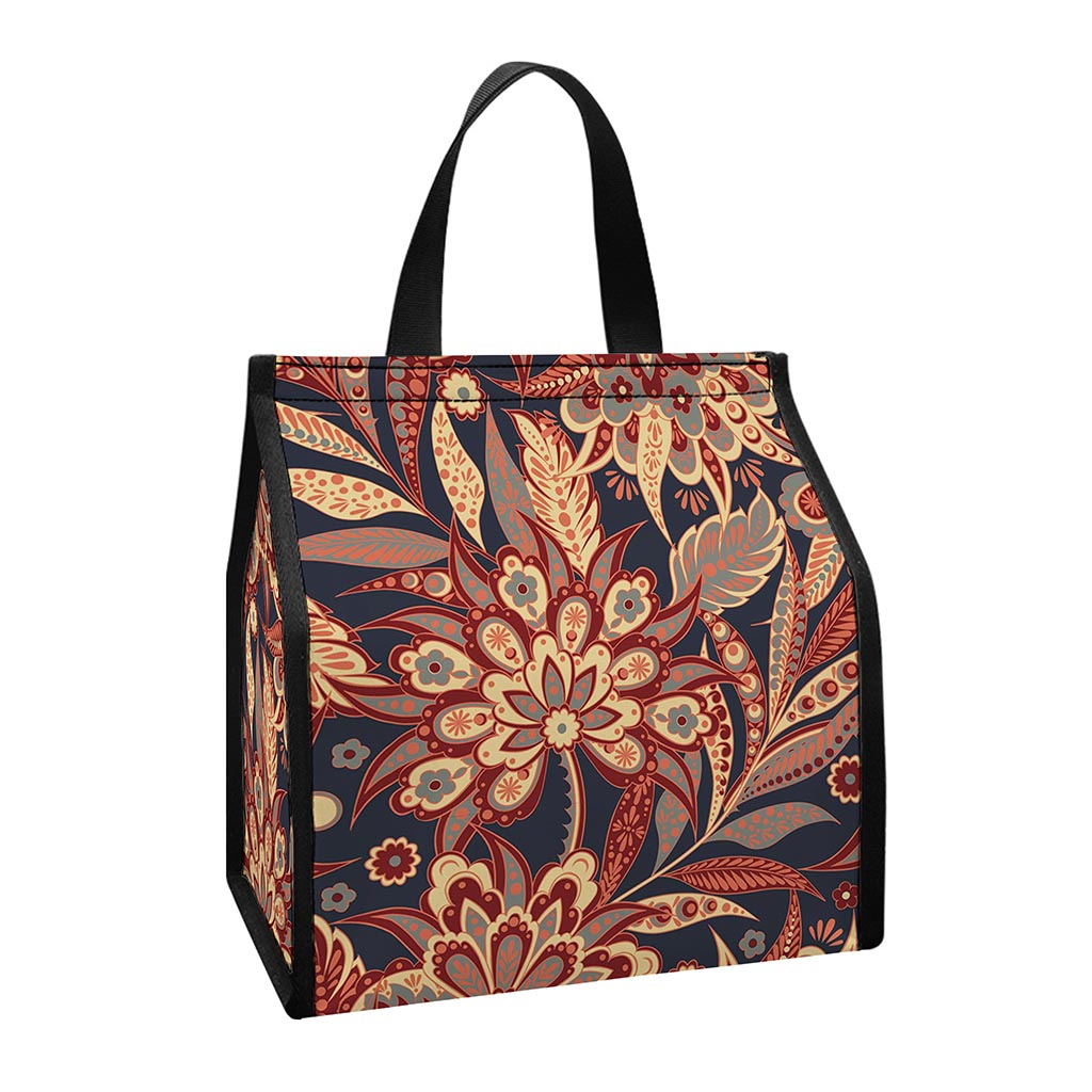 Brown Floral Bohemian Pattern Print Insulated Lunch Tote