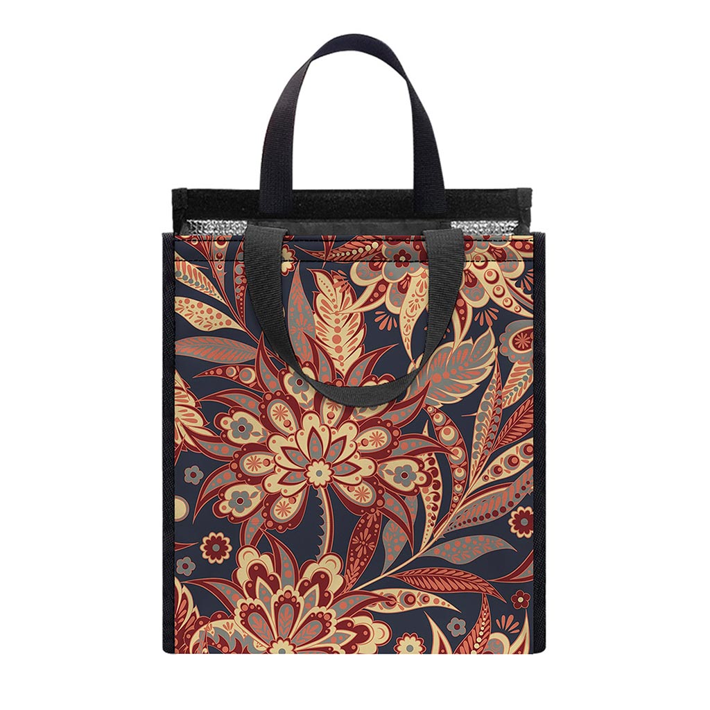 Brown Floral Bohemian Pattern Print Insulated Lunch Tote