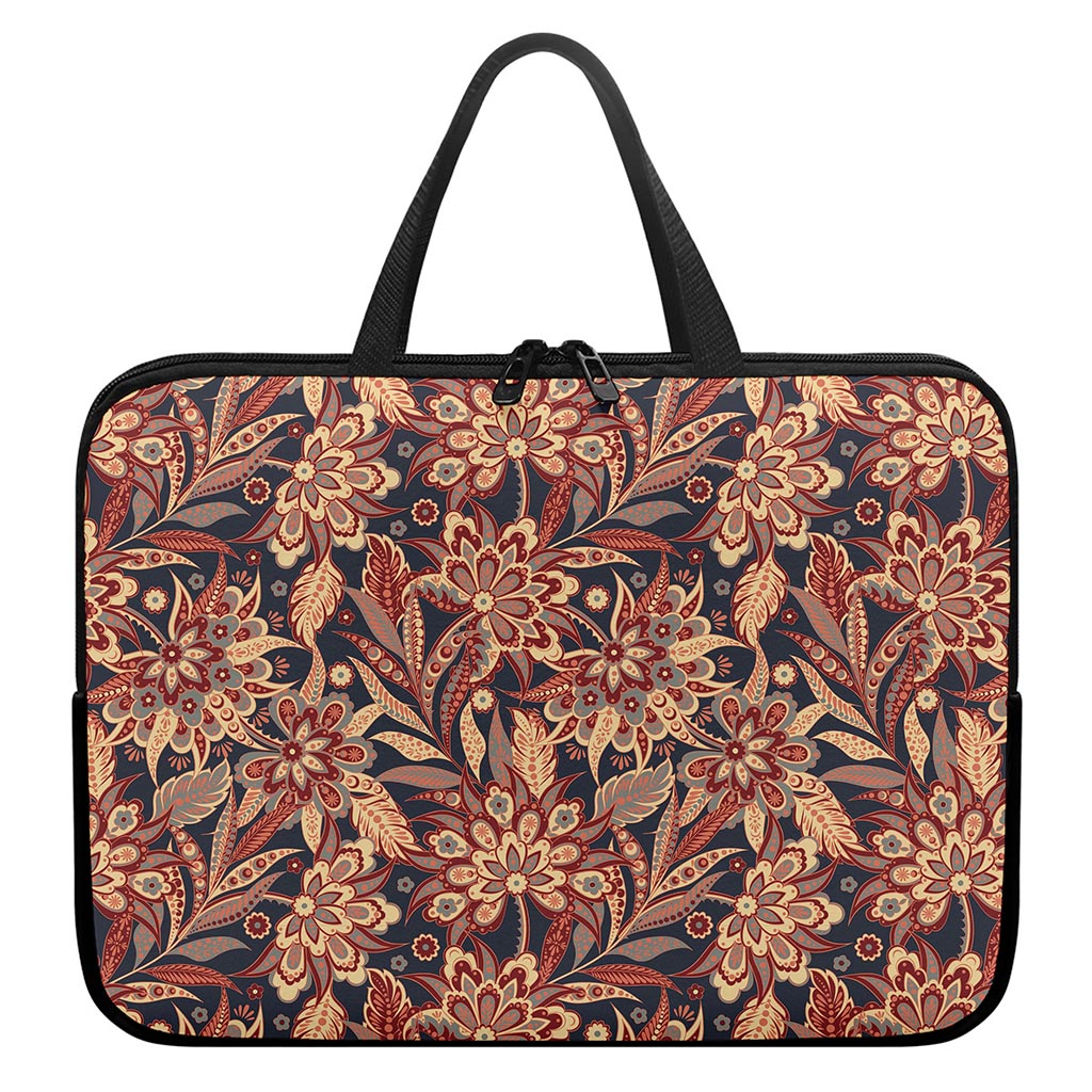 Brown Floral Bohemian Pattern Print Laptop Sleeve With Handle