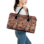 Brown Floral Bohemian Pattern Print Leather Duffle Bag